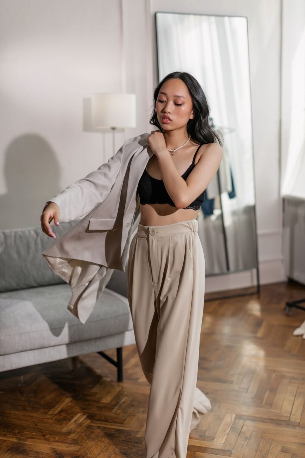 Saint Laurent Beige Wide-Leg Trousers